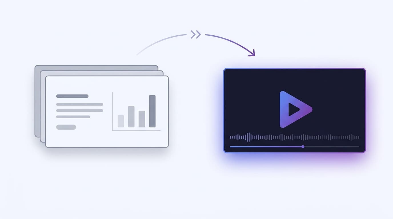 A gray, static slide deck transforming into a narrated video with a play button and audio waveform
