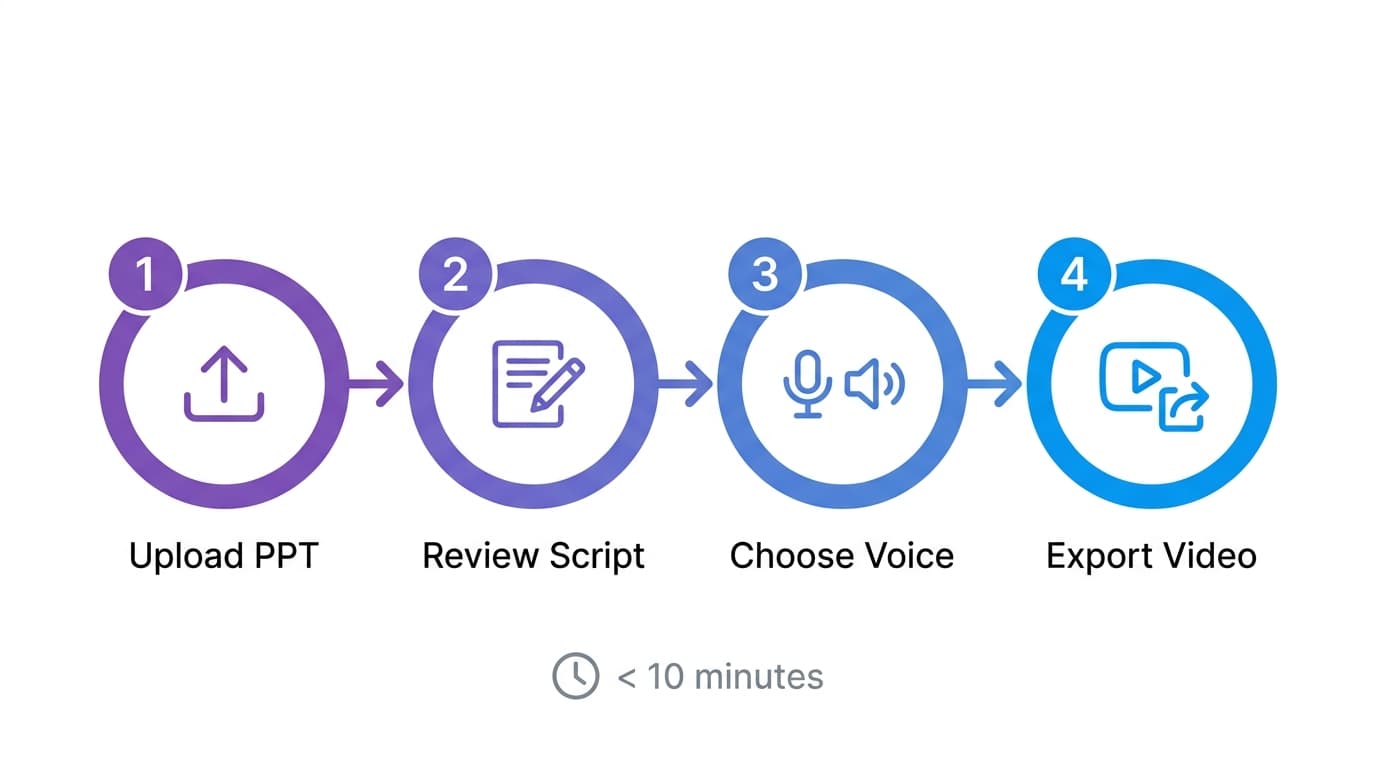 Four-step process: Upload PPT, Review Script, Choose Voice, Export Video — all in under 10 minutes