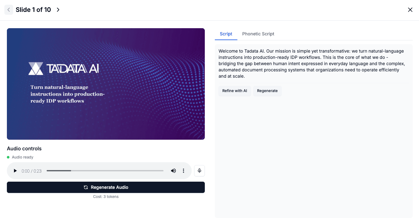 AiToVid script editor showing a presentation slide alongside the AI-generated narration script